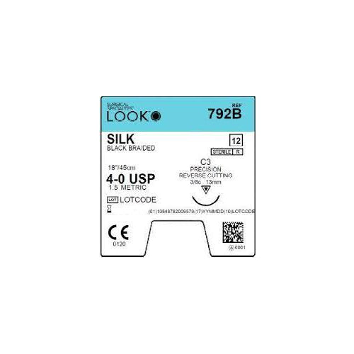 Look 792B Silk Black Braided Reverse Cutting Sutures C3 4/0 18 Look 792B Silk Black Braided Reverse Cutting Sutures C3 4/0 18
